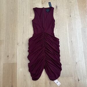 PLT The Label Midi Dress Slinky Plunge Neck Draped Skirt Size 0 Reddish Purple